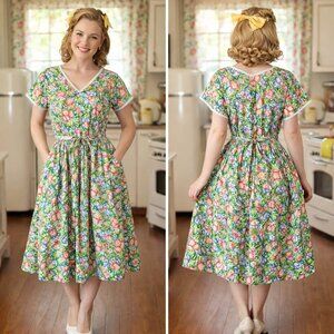 Vintage House Dress Midi Floral Novelty Print Hummingbird Lace Trim Homemaker